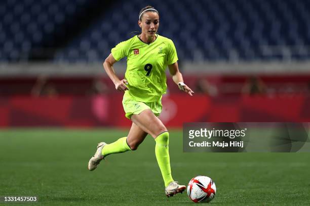 Kosovare Asllani of Team Sweden runs with the ball during the Women's Quarter Final match between Sweden and Japan on day seven of the Tokyo 2020...