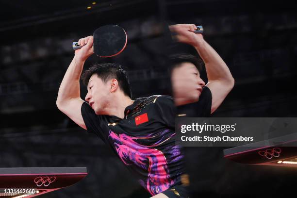 Ma Long of Team China in action during his Men's Singles Gold Medal match on day seven of the Tokyo 2020 Olympic Games at Tokyo Metropolitan...