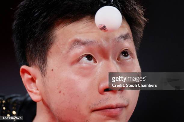 Ma Long of Team China serves the ball during his Men's Singles Gold Medal match on day seven of the Tokyo 2020 Olympic Games at Tokyo Metropolitan...