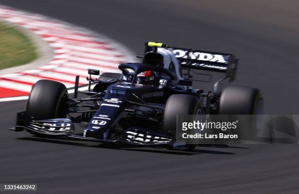 Pierre Gasly of France driving the Scuderia AlphaTauri AT02 Honda during practice ahead of the F1 Grand Prix of Hungary at Hungaroring on July 30,...
