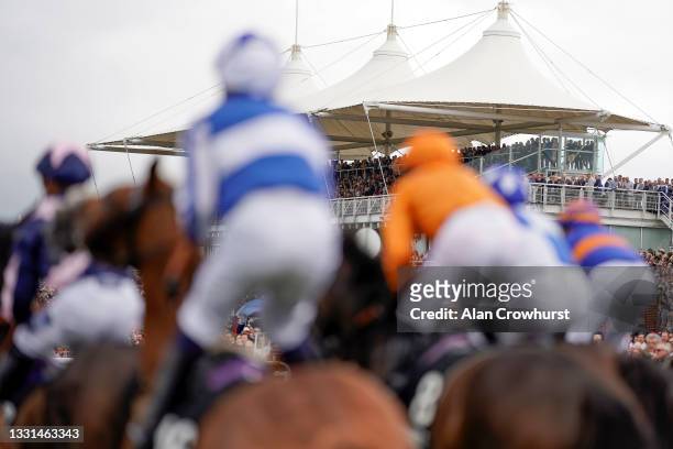 General view as runners line up for the start of The Unibet 3 Boosts A Day Goodwood Handicap during the Qatar Goodwood Festival at Goodwood...