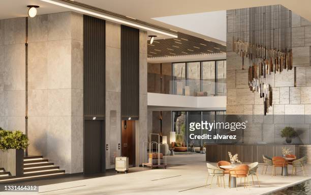 hotel reception 3d rendering - luxury hotel lobby stock pictures, royalty-free photos & images