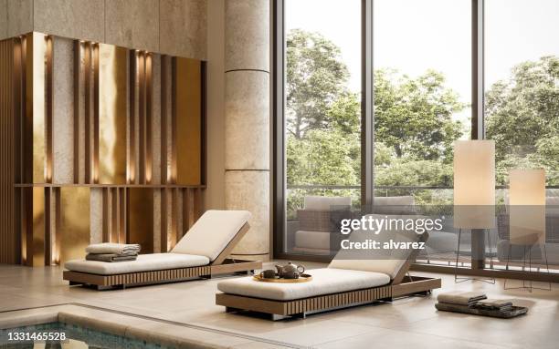 3d render of a lavish hotel indoor poolside - salon chic imagens e fotografias de stock