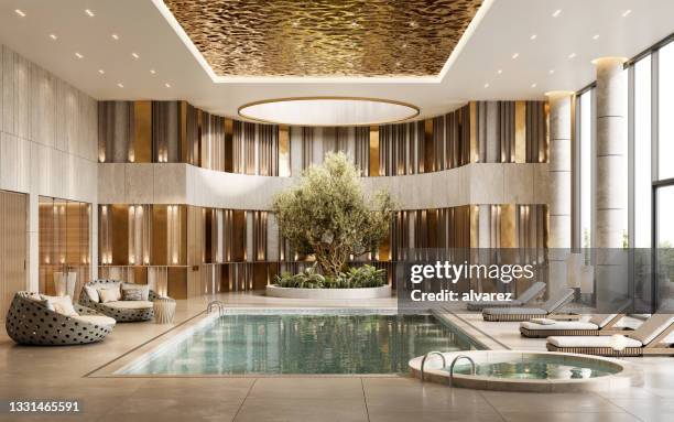 3d-rendering eines luxushotel-swimmingpools - tourist resort stock-fotos und bilder