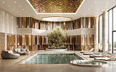 3D render of a luxury hotel swimming pool