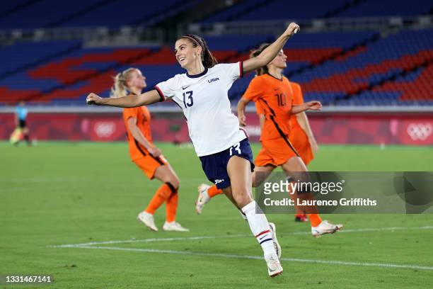 Alex Morgan of Team United States celebrates scoring a goal which is later disallowed during the Women's Quarter Final match between Netherlands and...