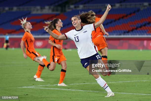 Alex Morgan of Team United States celebrates scoring a goal which is later disallowed during the Women's Quarter Final match between Netherlands and...