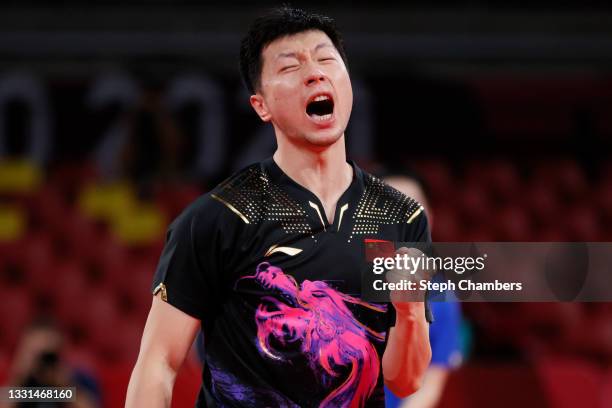 Ma Long of Team China reacts during his Men's Singles Gold Medal match on day seven of the Tokyo 2020 Olympic Games at Tokyo Metropolitan Gymnasium...