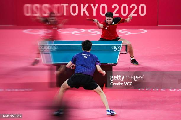 Dimitrij Ovtcharov of Team Germany competes against Lin Yun-ju of Team Chinese Taipei in Men's Table Tennis Singles Bronze Medal match on day seven...