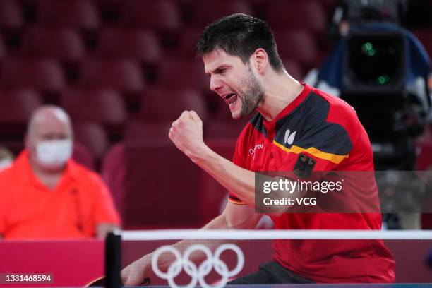 Dimitrij Ovtcharov of Team Germany reacts against Lin Yun-ju of Team Chinese Taipei in Men's Table Tennis Singles Bronze Medal match on day seven of...