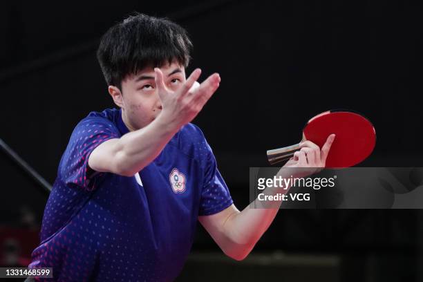 Lin Yun-ju of Team Chinese Taipei competes against Dimitrij Ovtcharov of Team Germany in Men's Table Tennis Singles Bronze Medal match on day seven...
