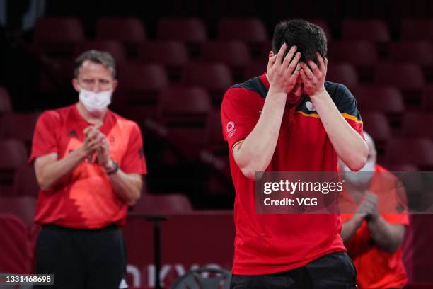 Dimitrij Ovtcharov of Team Germany celebrates after defeating Lin Yun-ju of Team Chinese Taipei in Men's Table Tennis Singles Bronze Medal match on...