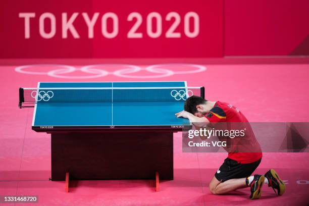 Dimitrij Ovtcharov of Team Germany celebrates after defeating Lin Yun-ju of Team Chinese Taipei in Men's Table Tennis Singles Bronze Medal match on...