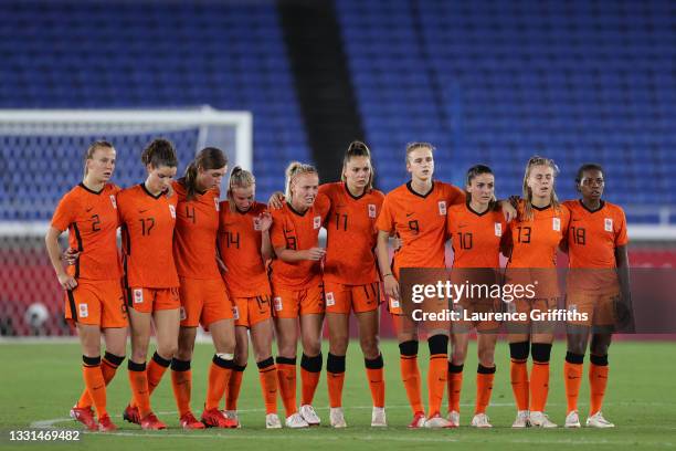 Players of Team Netherlands react during the penalty shoot out during the Women's Quarter Final match between Netherlands and United States on day...