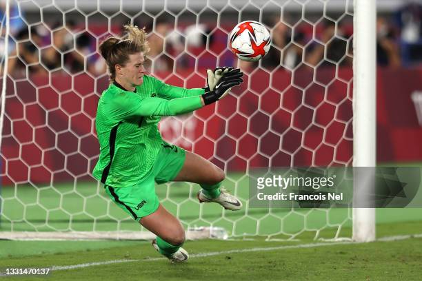 Alyssa Naeher of Team United States saves the fourth penalty from Aniek Nouwen of Team Netherlands during the Women's Quarter Final match between...