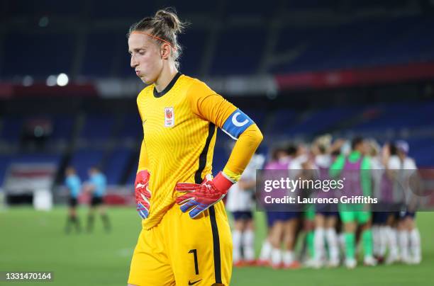 Sari van Veenendaal of Team Netherlands looks dejected after the penalty shoot out after the Women's Quarter Final match between Netherlands and...