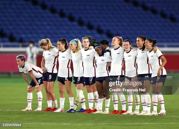 Players of Team United States react during the penalty shoot out during the Women's Quarter Final match between Netherlands and United States on day...