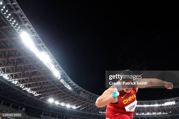 Lijiao Gong of Team China competes in the Women's Shot Put on day seven of the Tokyo 2020 Olympic Games at Olympic Stadium on July 30, 2021 in Tokyo,...