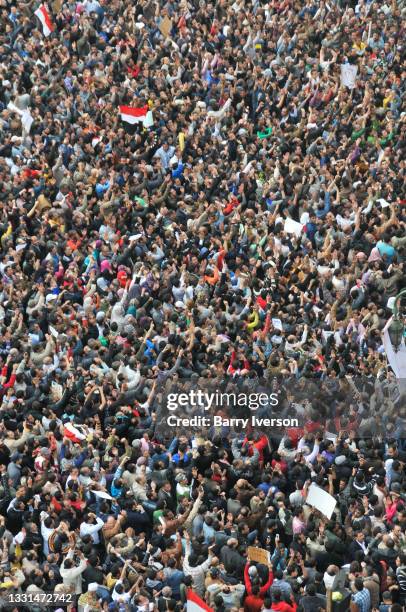 High-angle view of demonstrators in Tahrir Square, Cairo, Egypt, February 1, 2011. Representing a wide spectrum of the Egyptian population, they were...