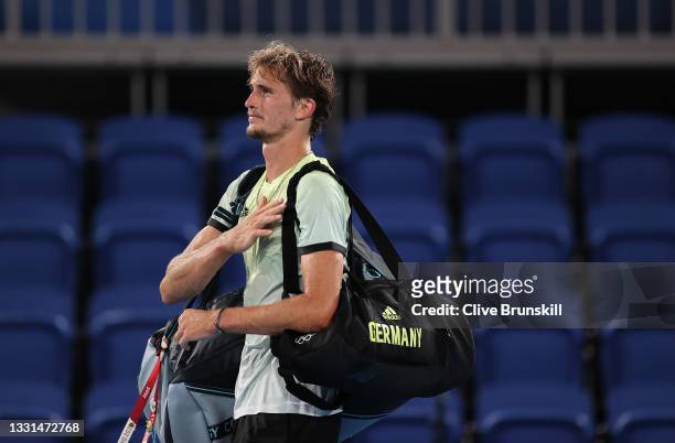Alexander Zverev of Team Germany makes his way off court after victory in his Men's Singles Semifinal match against Novak Djokovic of Team Serbia on...