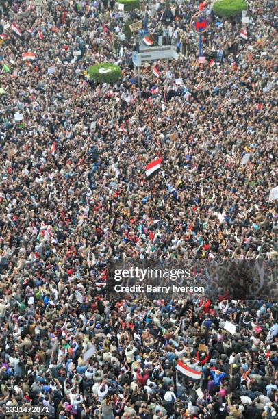 High-angle view of demonstrators in Tahrir Square, Cairo, Egypt, February 1, 2011. Representing a wide spectrum of the Egyptian population, they were...