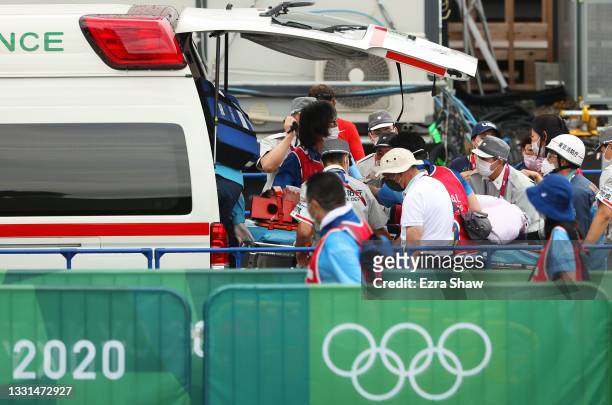 Connor Fields of Team United States is stretched into a ambulance after crashing during the Men's BMX semifinal heat 1, run 3 on day seven of the...