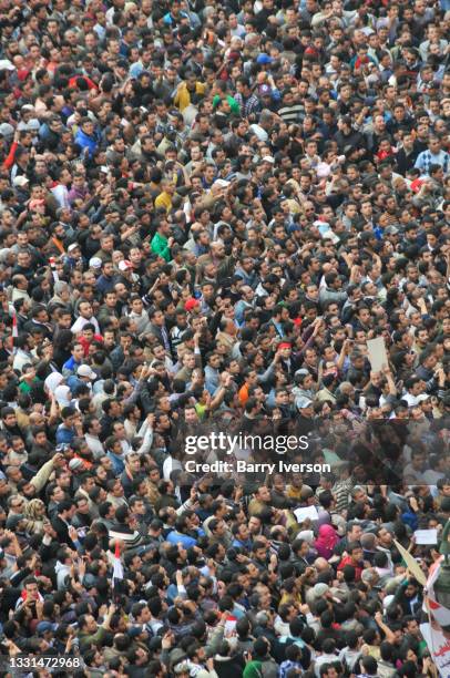 High-angle view of demonstrators in Tahrir Square, Cairo, Egypt, February 1, 2011. Representing a wide spectrum of the Egyptian population, they were...