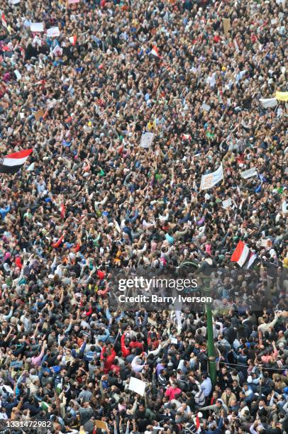 High-angle view of demonstrators in Tahrir Square, Cairo, Egypt, February 1, 2011. Representing a wide spectrum of the Egyptian population, they were...