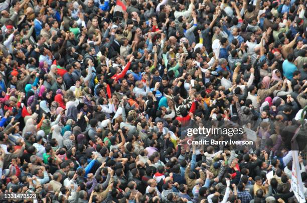 High-angle view of demonstrators in Tahrir Square, Cairo, Egypt, February 1, 2011. Representing a wide spectrum of the Egyptian population, they were...