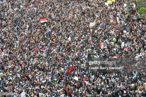 High-angle view of demonstrators in Tahrir Square, Cairo, Egypt, February 1, 2011. Representing a wide spectrum of the Egyptian population, they were...