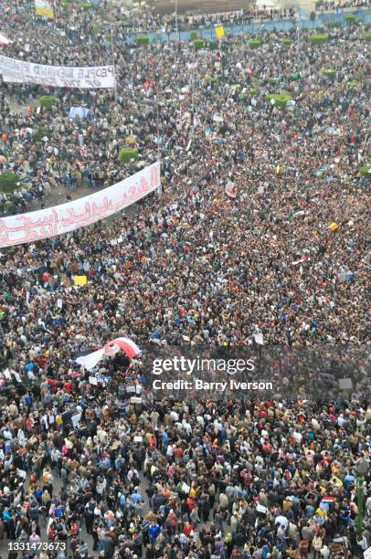 High-angle view of demonstrators in Tahrir Square, Cairo, Egypt, February 1, 2011. Representing a wide spectrum of the Egyptian population, they were...