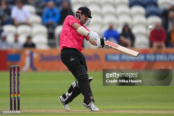 Travis Head of Sussex hits a six offthe bowling of Nathan Gilchrist of Kent during the Royal London Cup match between Sussex and Kent at The 1st...