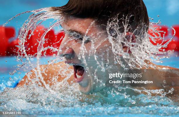 Alessandro Miressi of Team Italy reacts after competes in heat one of the Men's 4 x 100m Medley Relay on day seven of the Tokyo 2020 Olympic Games at...