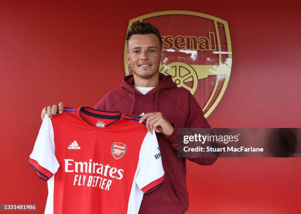 Arsenal unveil new signing Ben White at London Colney on July 30, 2021 in St Albans, England.
