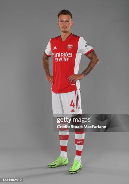 Arsenal unveil new signing Ben White at London Colney on July 30, 2021 in St Albans, England.