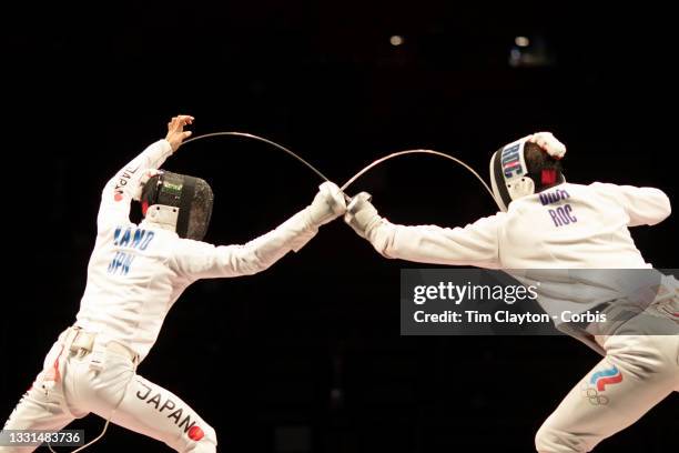 Koki Kano of Japan in action against Sergey Bida of ROC during the Japan V ROC gold medal match won by Japan 45-36 during the fencing epee team event...