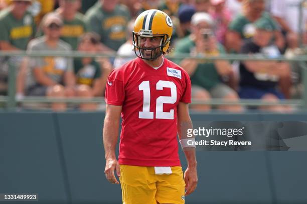 Aaron Rodgers of the Green Bay Packers works out during training camp at Ray Nitschke Field on July 29, 2021 in Ashwaubenon, Wisconsin.