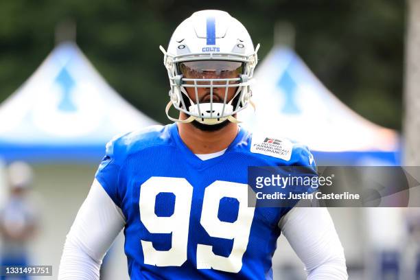 DeForest Buckner of the Indianapolis Colts on the field during the Indianapolis Colts Training Camp at Grand Park on July 30, 2021 in Westfield,...