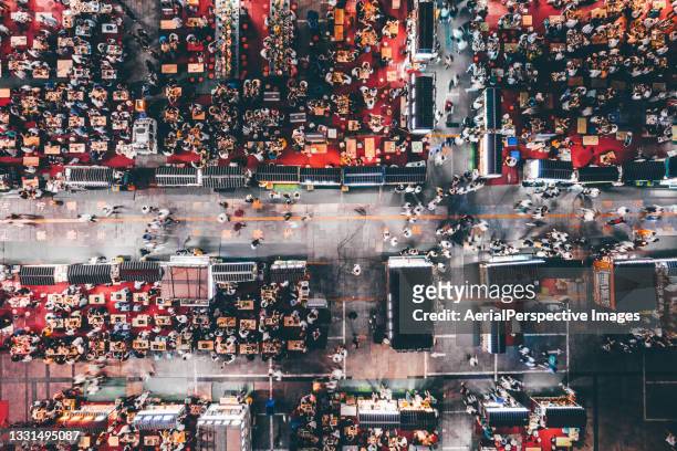 top view of night market and crowd of people at night - beijing city stock-fotos und bilder