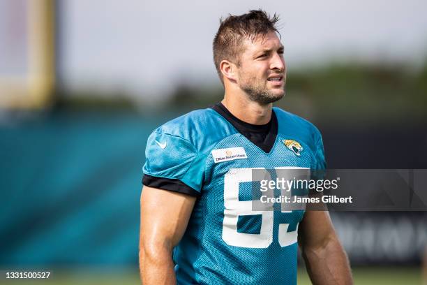 Tim Tebow of the Jacksonville Jaguars looks on during Training Camp at TIAA Bank Field on July 30, 2021 in Jacksonville, Florida.