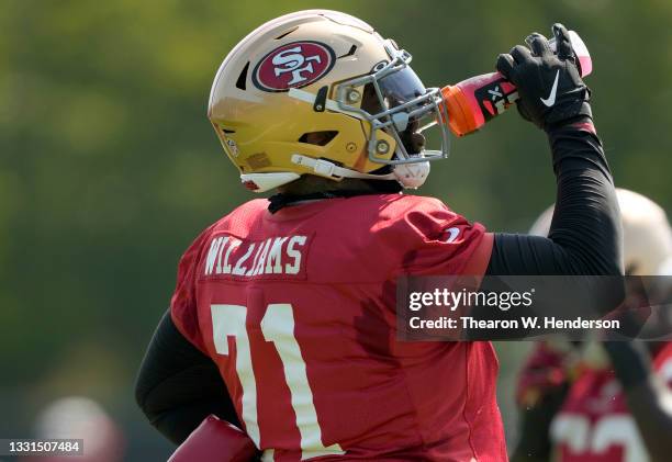 Trent Williams of the San Francisco 49ers works out during training camp at SAP Performance Facility on July 30, 2021 in Santa Clara, California.