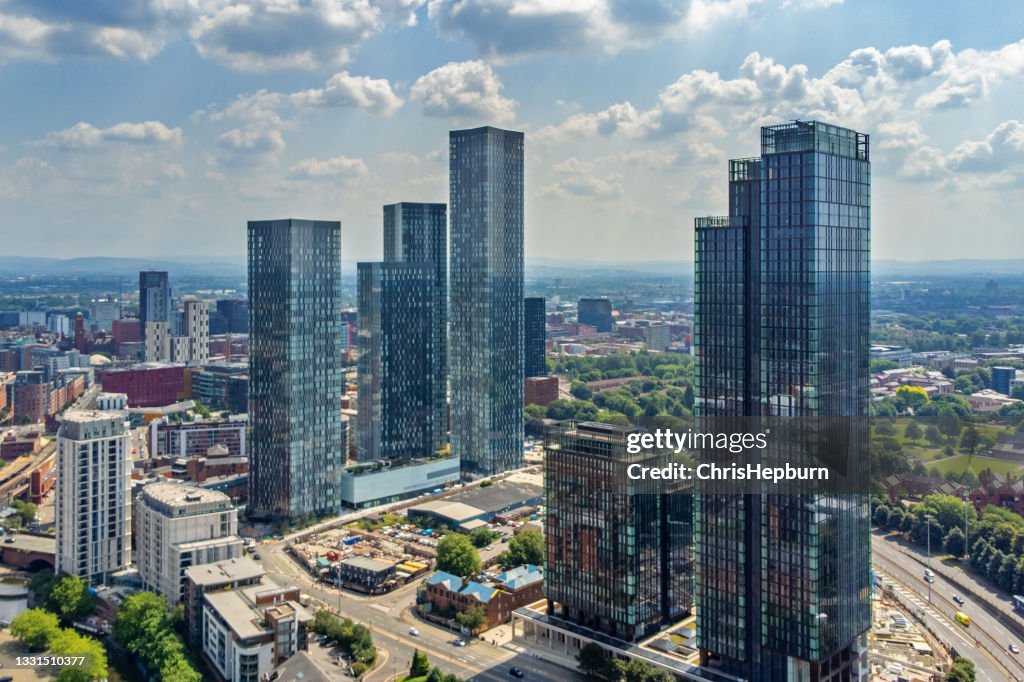 Vista aerea di Deansgate, skyline di Manchester, Inghilterra, Regno Unito