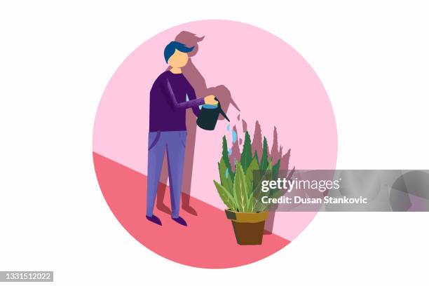 man watering a plant - aloe vera stock illustrations