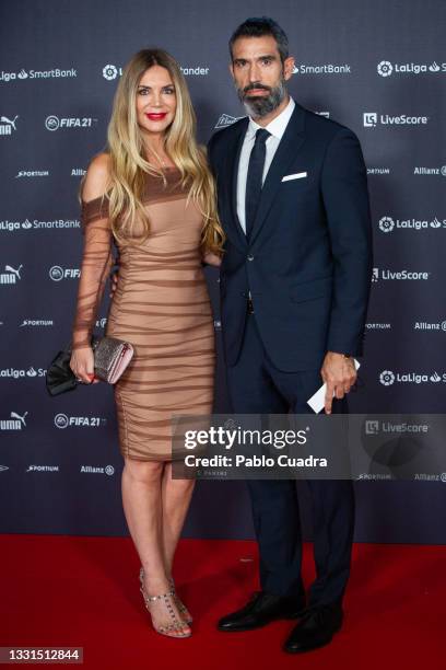 Fernando Sanz and wife Ingrid Asensio attend the LaLiga Champions gala red carpet at the Reina Sofia museum In Madrid on July 30, 2021 in Madrid,...