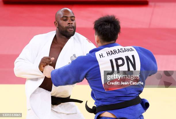 Teddy Riner vs Hisayoshi Harasawa of Japan , a match for the Bronze Medal of the +100kg category during day seven at the judo events of the Tokyo...