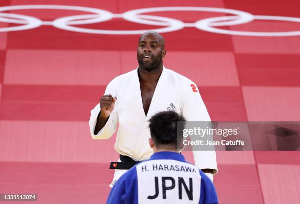 Teddy Riner celebrates his victory against Hisayoshi Harasawa of Japan , a match for the Bronze Medal of the +100kg category during day seven at the...