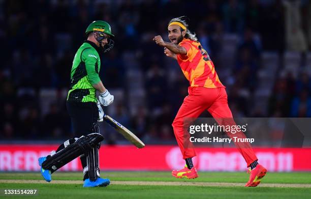 Imran Tahir of Birmingham Phoenix celebrates after taking the wicket of Alex Davies of Southern Brave during The Hundred match between Southern Brave...