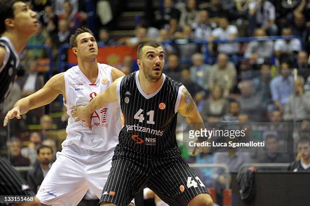 Danilo Gallinari, #8 of EA-7 Emporio Armani Milan competes with Nikola Pekovic, #41 of Partizan mt:s Belgrade during the 2011-2012 Turkish Airlines...