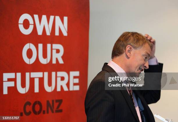 Labour Party Leader Phil Goff speaks during the economic policy launch at Sky City Grand on November 18, 2011 in Auckland, New Zealand. New...