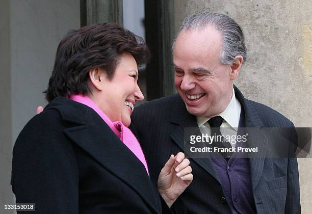 France's Solidarity and Social Cohesion Minister Roselyne Bachelot-Narquin and French Culture and Communication minister Frederic Mitterrand leave...